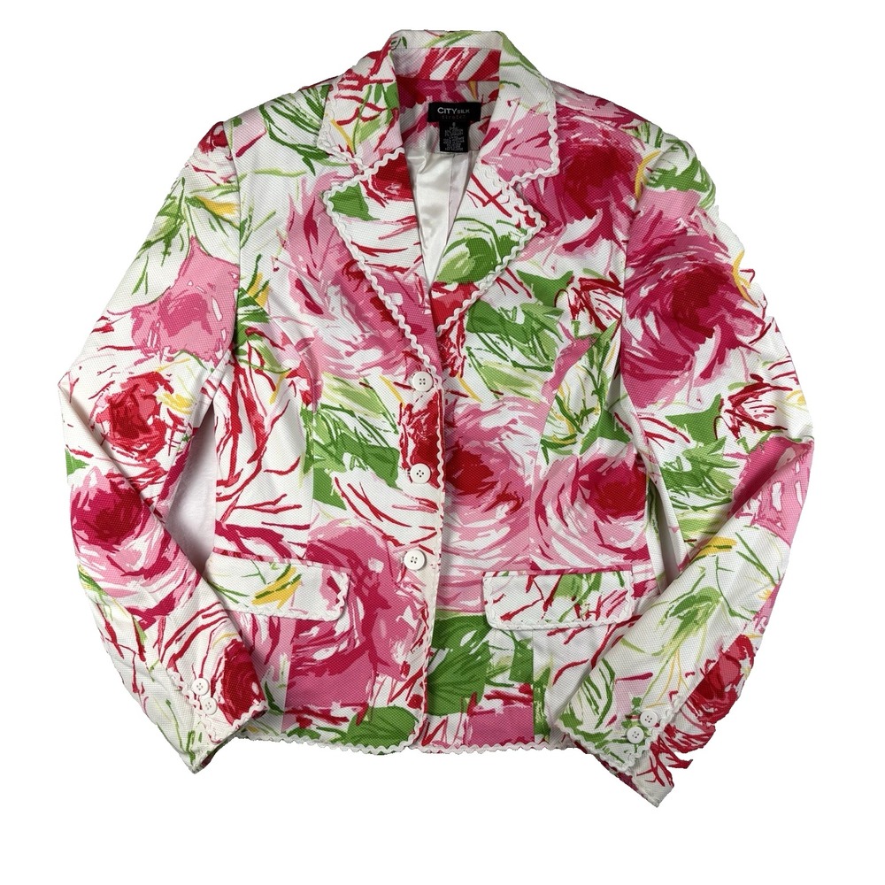 City Silk Stretch Floral Jacket‎ Women's Size 6 Pink & Green Blazer